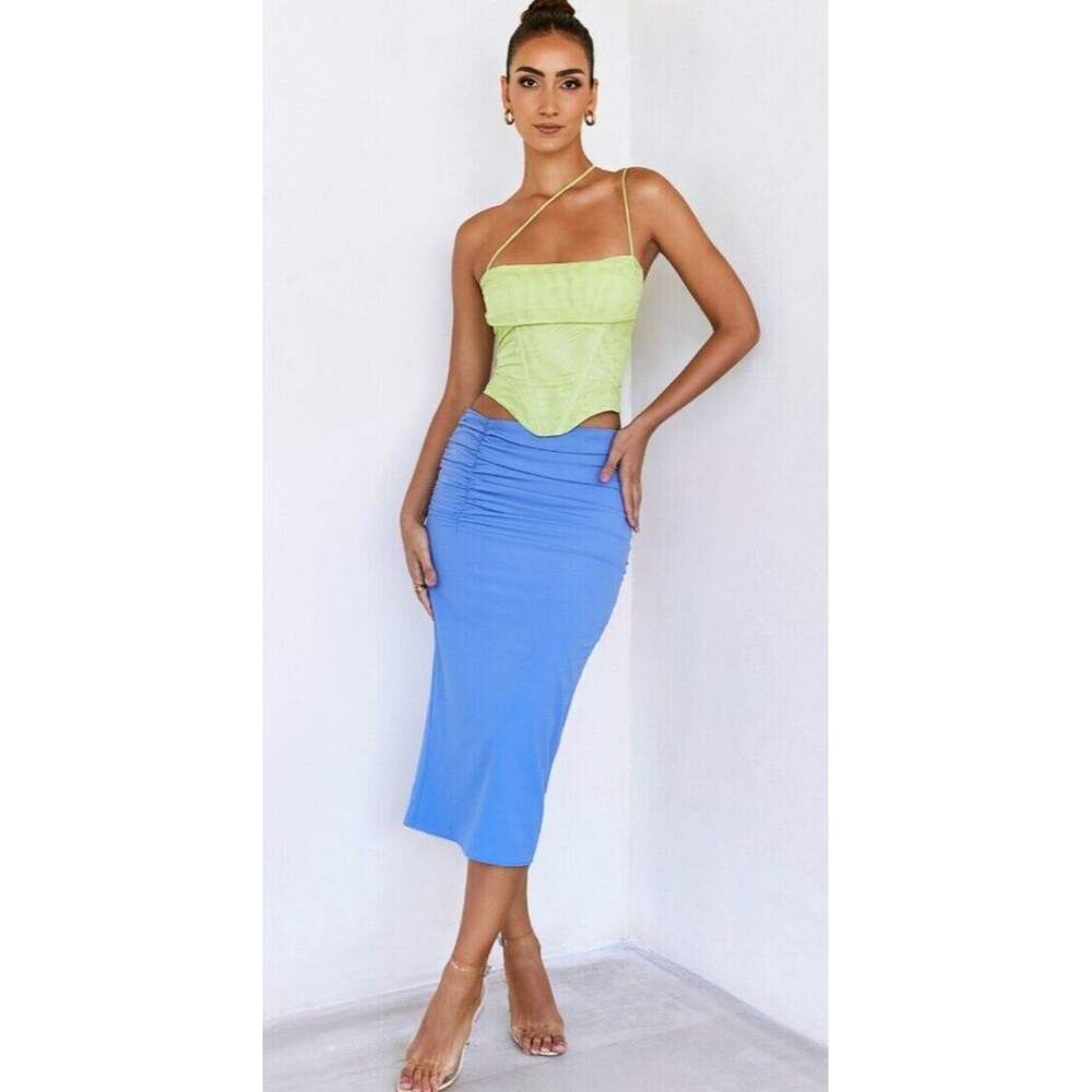 MISTRESS ROCKS LA Wishing Gathered Midi Skirt Purple Large NWT Ruched
